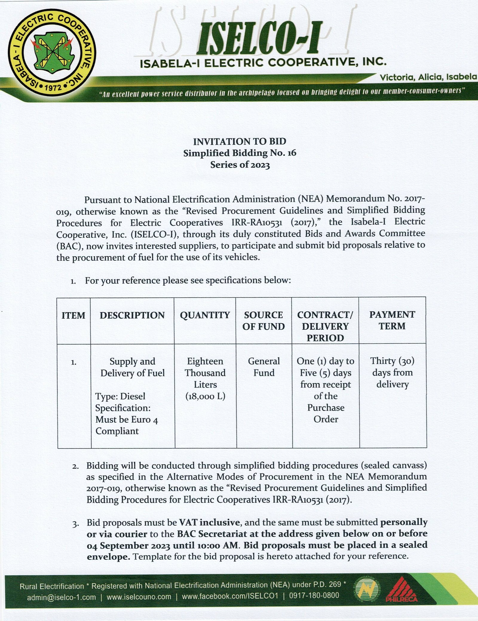 Simplified Bidding No. 16 Series of 2023 - Procurement of Fuel for the Use of its Vehicles